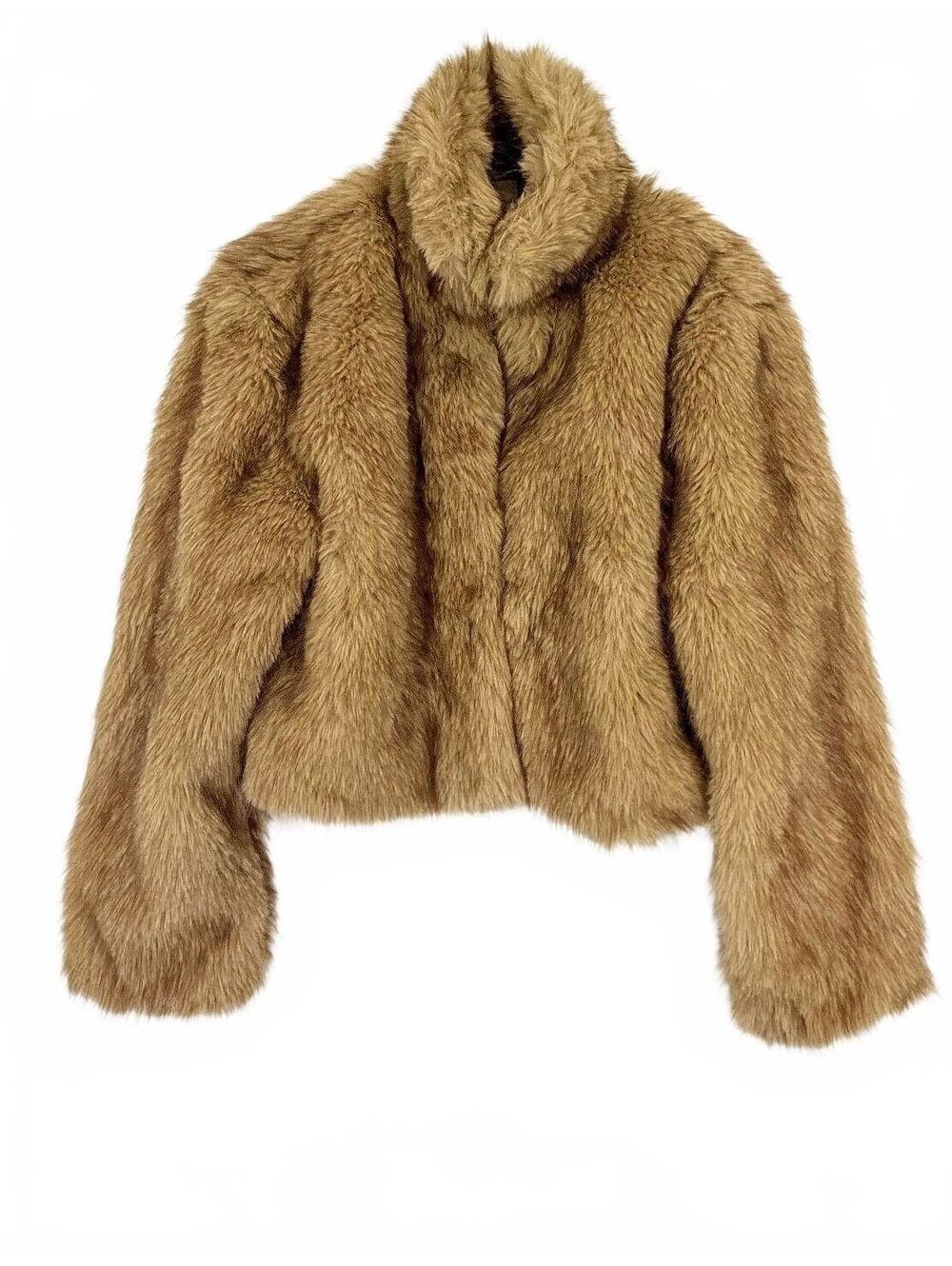 H&M Tan Brown Faux Fur Cropped Fluffy Jacket High Stand Collar Coat Small NWT!